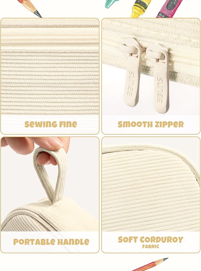 SUNEE Cute Pencil Case, Large Pencil Pouch, Aesthetic Big Pencil Bag with Zipper, Kawaii Stationery Storage and Organizer, School Supplies for Teen and Adult, Boys&Girls, Soft Corduroy Warm Beige
