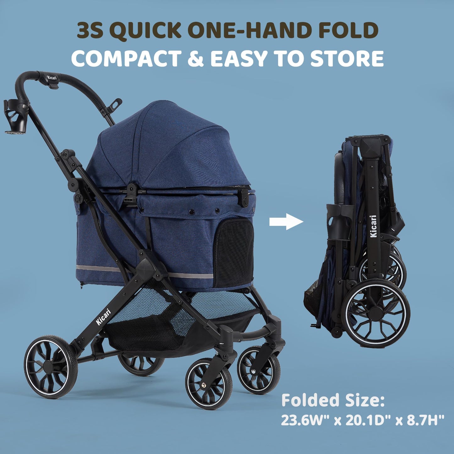 Kicari All-Terrain Dog Stroller for Small to Medium Dogs, Pet Stroller for Dogs & Cats Outdoor Walks, One-Hand Easy Fold, Double-Layer Anti-UV & Waterproof Canopy & Breathable Mesh, Midnight Blue