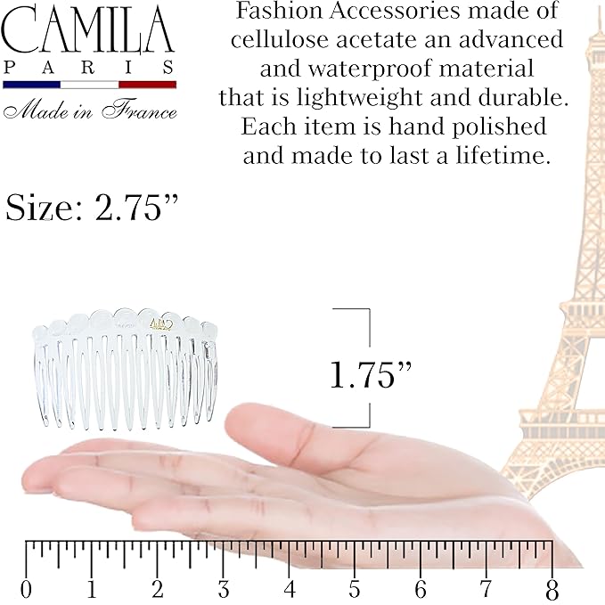 Camila Paris CP3875 French Hair Side Comb, Small Rounded, Clear French Twist Hair Combs Decorative, Strong Hold Hair Clips for Women Bun Chignon Up-Do Styling Girls Hair Accessories, Made in France