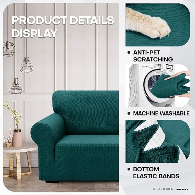 ZNSAYOTX 1 Piece Jacquard Couch Covers for 2 Cushion Couch High Stretch Loveseat Slipcover for Pets Dogs Anti Slip Love Seat Sofa Slipcover Furniture Protector (Medium, New Pattern Blackish Green)