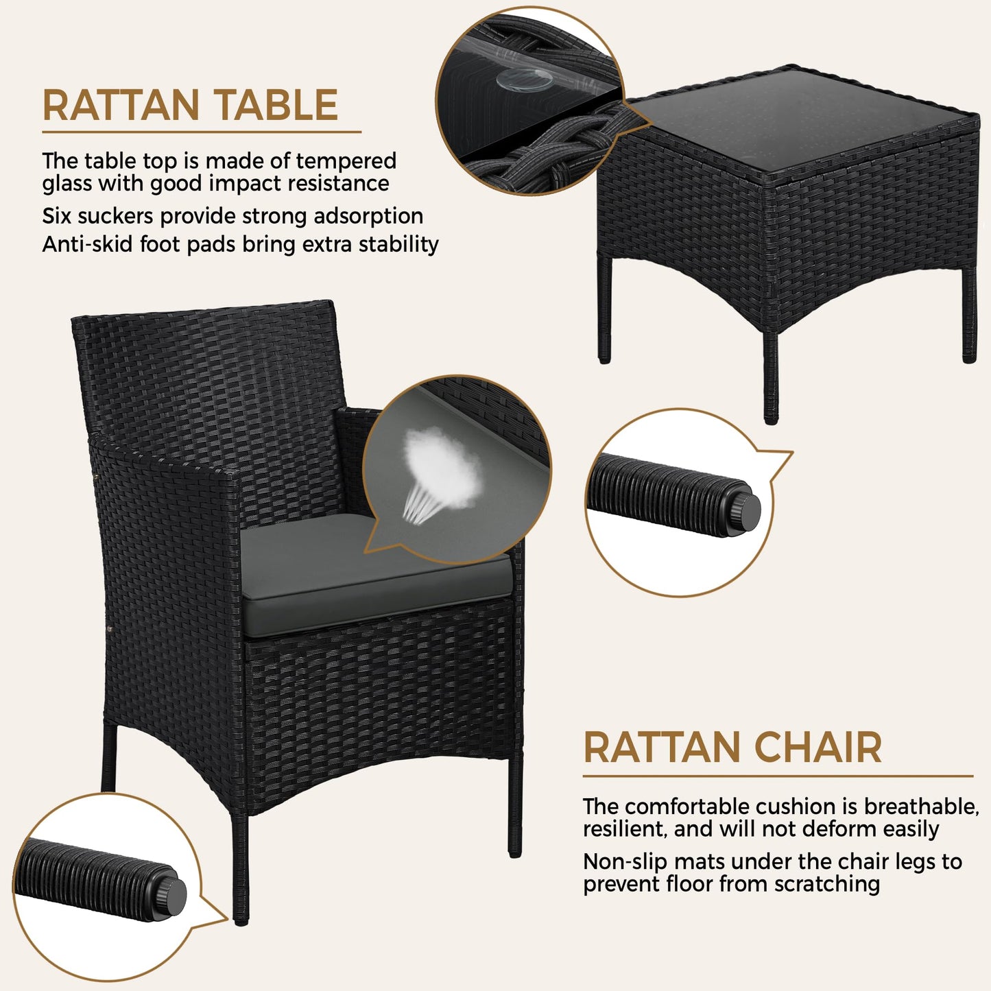 Yaheetech 3 Pieces Patio Porch Furniture Set, Outdoor PE Rattan Wicker Conversation Set with Soft Cushions, Glass Coffee Table & 2 Chairs for Garden/Deck/Courtyard/Poolside, Black/Gray