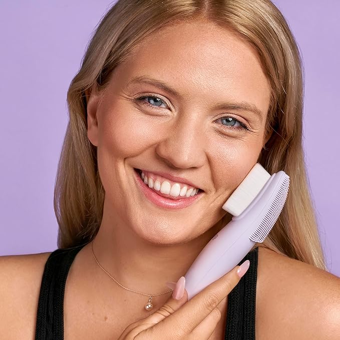LOLLIPOP Dual-Sided Facial Cleansing Brush | Handle Size Silicone Face Exfoliator and Soft Fiber Cleanser | Manual Face Scrubber for Pores, Makeup Removal, Blackhead and Skincare Routine, Plum