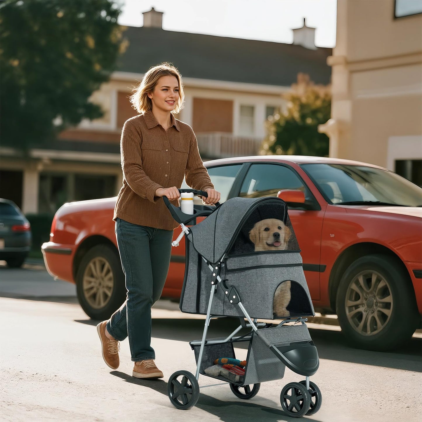 Pet Stroller for Small Dogs 10 lbs, Dog Stroller for Medium Dogs 30 lbs, Cat Strollers for 2 Cats, 3 Wheels Foldable Jogger Puppy Stroller with Storage Basket and Cup Holder, Grey