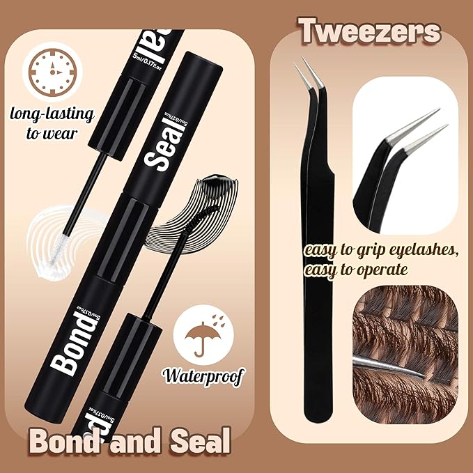 Brown Lash Clusters 320 Pcs Lash Extension Kit DIY Eyelash Extensions Kit Natural Look Cluster Lashes D 8-16 MM Mixed Lash Bond and Seal Lash Tweezers for Lash Clusters Kit DIY at Home