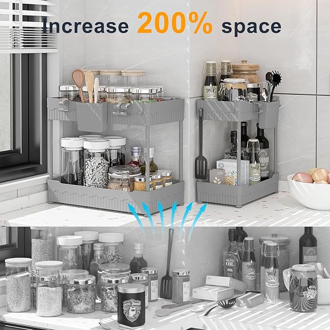 Sevenblue 2 Pack Under Sink Organizer, Under Bathroom Cabinet Organizer with Hooks Hanging Cup, Multi-Purpose Storage Shelf for Kitchen Bathroom (Gray, 14.8 Inch)