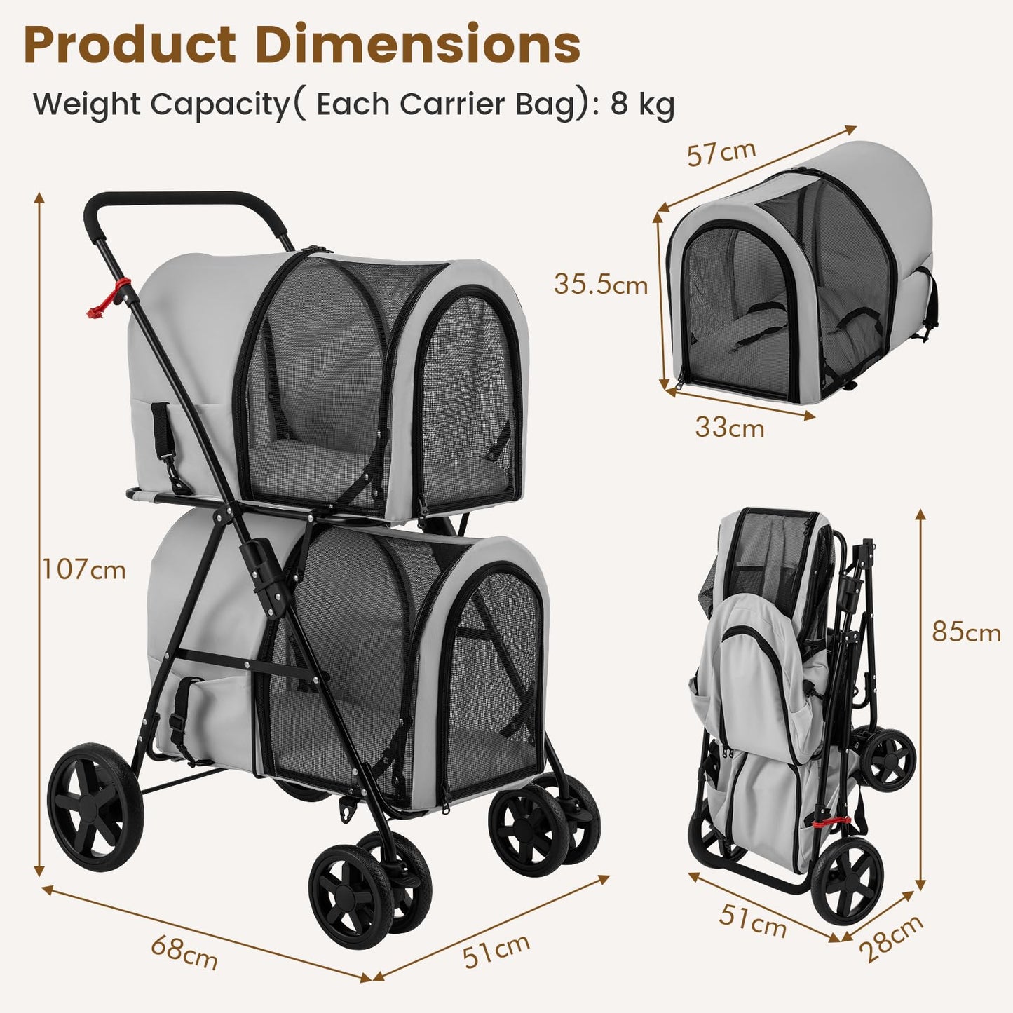 HAPPAWS Dog Stroller with 2 Detachable Carrier, Pet Stroller for Small Medium Dogs Cats, Jogger/Travel/Camping, 4-in-1 Doggy Pet Carrier, Carrier Strolling Cart with Lockable Wheels (Gray)