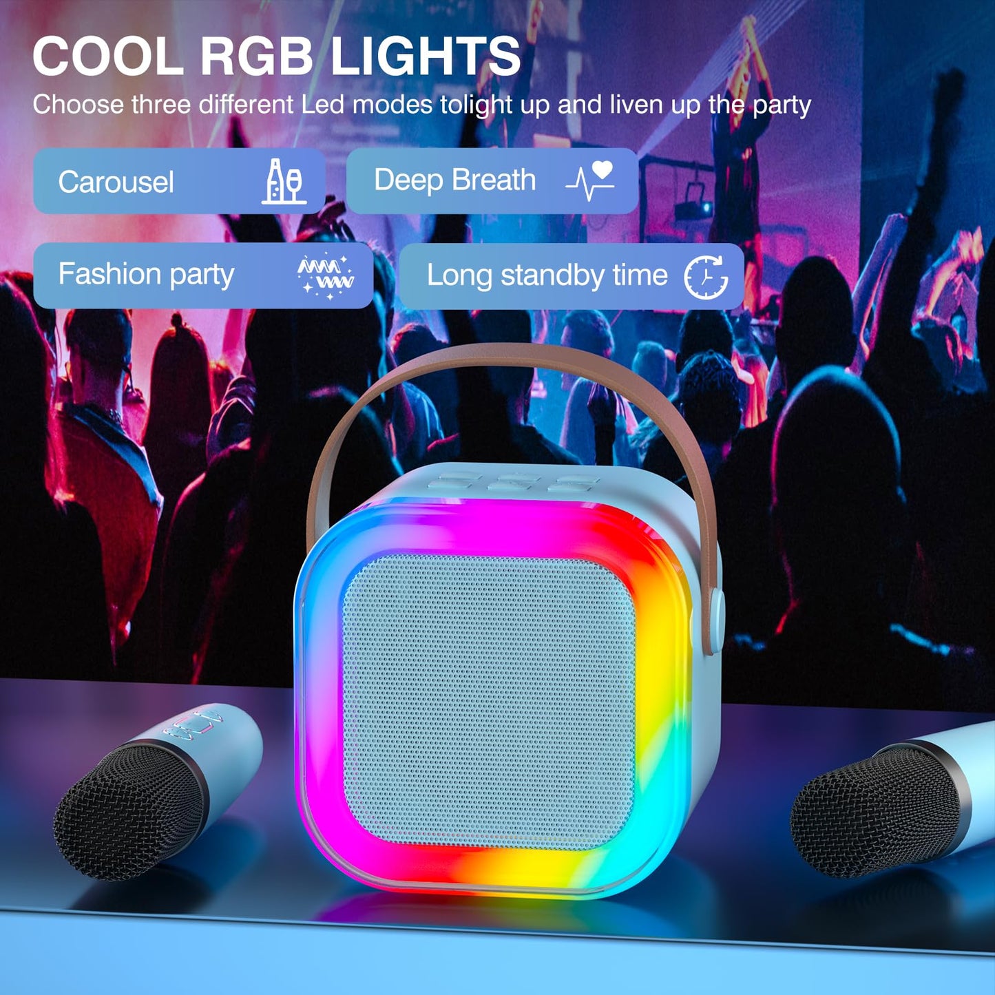 TAEMVV Mini Karaoke Machine for Kids Ages 2-12, Portable Bluetooth Karaoke Speaker with LED Party Lights & 2 Wireless Microphones, Perfect Birthday & Holiday Toys Gifts for Girls Boys (Blue)