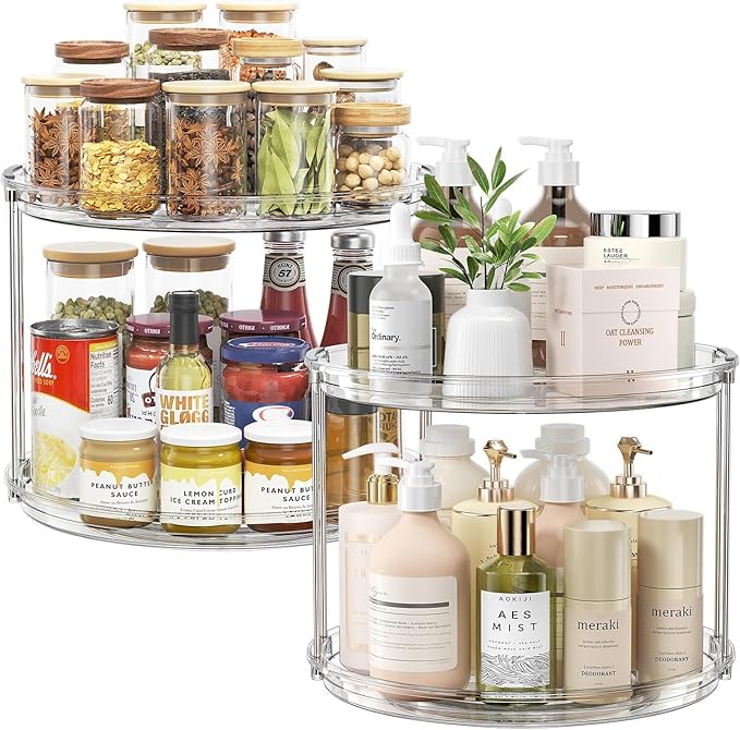 LAMU 2Pack 2 Tier Lazy Susan Organizer 12 inch Large Lazy Susan Turntable Rotating Spice Rack Organization for Cabinet, Kitchen, Pantry, Countertop, Bathroom, Vanity, Medicine Cabinet Organizer, Clear