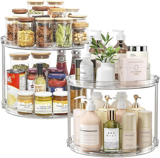 LAMU 2Pack 2 Tier Lazy Susan Organizer 12 inch Large Lazy Susan Turntable Rotating Spice Rack Organization for Cabinet, Kitchen, Pantry, Countertop, Bathroom, Vanity, Medicine Cabinet Organizer, Clear