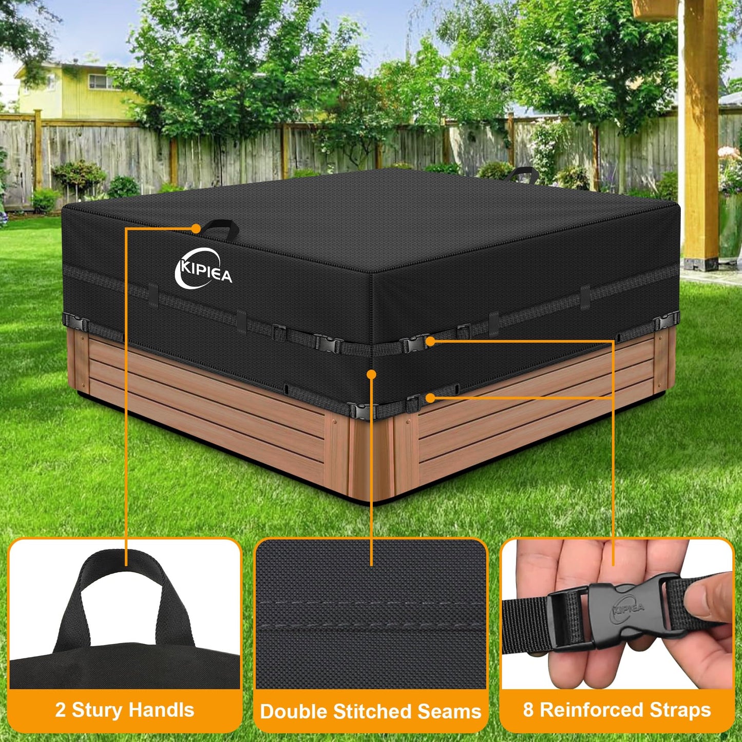 Kipiea 600D Outdoor Waterproof Square Hot Tub Cover Protector, Heavy Duty Polyester SPA Cover UV Protection Cover 95" L x 95" W x 20" H, Black