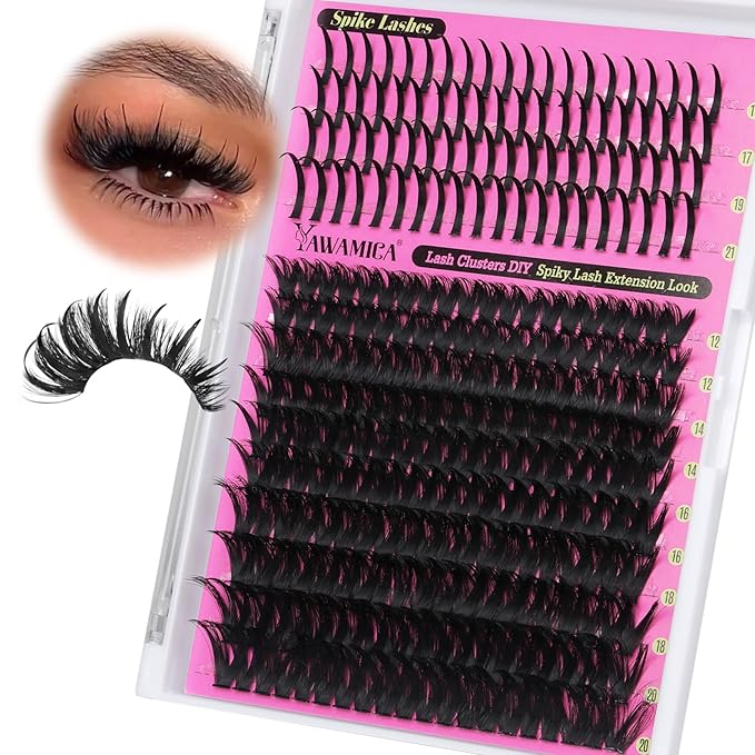 Yawamica 100D Volume Lash Clusters 12-20mm with 15-21mm Spike Individual Lashes DIY Manga Lashes Clusters D Curly Wispy Eyelash Clusters Fairy Cluster Eyelash Extensions 280pcs (Black)