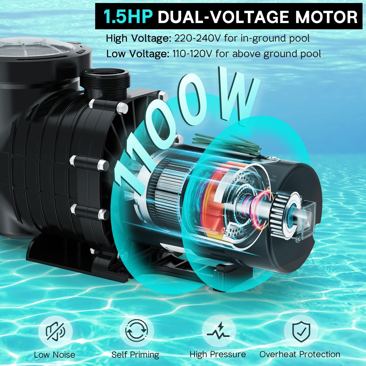 Oswerpon Pool Pump Above Ground/Inground, 1.5 HP 6600GPH Powerful Selfpriming Pool Pumps for 15,000-31,000 Gallons Pools, Dual Voltage Swimming Pool Pump with Strainer Basket & Drain Plug