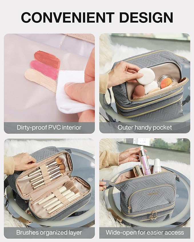 BAGSMART Travel Makeup Bag, Cosmetic Bag Make Up Organizer Case, Large Wide-open Pouch for Women Double Layers Purse for Toiletries Accessories Brushes Greey