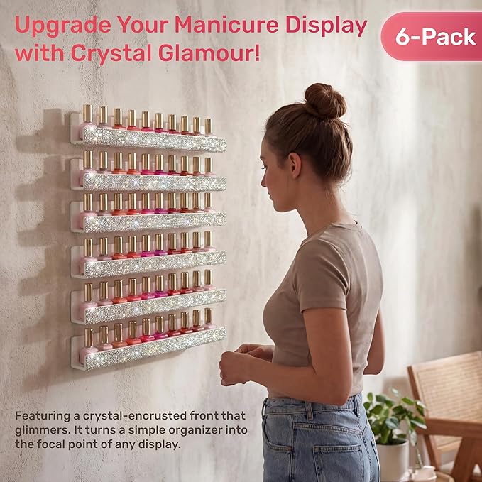 YMVV Nail Polish Wall Shelf - 15-Inch Diamond Crystal Display & Organizer Rack, Holds 60+ Polishes, Soft Ledge for Bedroom, Bathroom, Salon,6 Pack