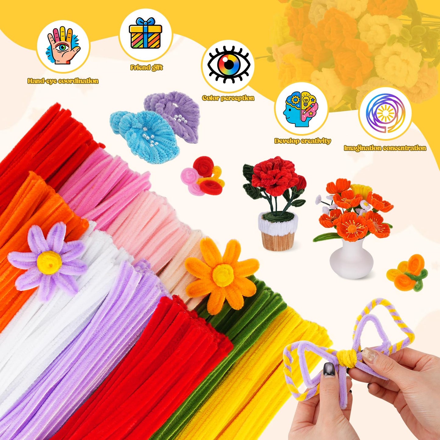 1000PCS Pipe Cleaners Flower Kit, Pipe Cleaner Bulk Craft Flower Making Kit with Instruction, 8 Colors Thick Chenille Stems for Arts DIY Craft Supplies with Greeting Card, Floral Wires, Tape, Stamen