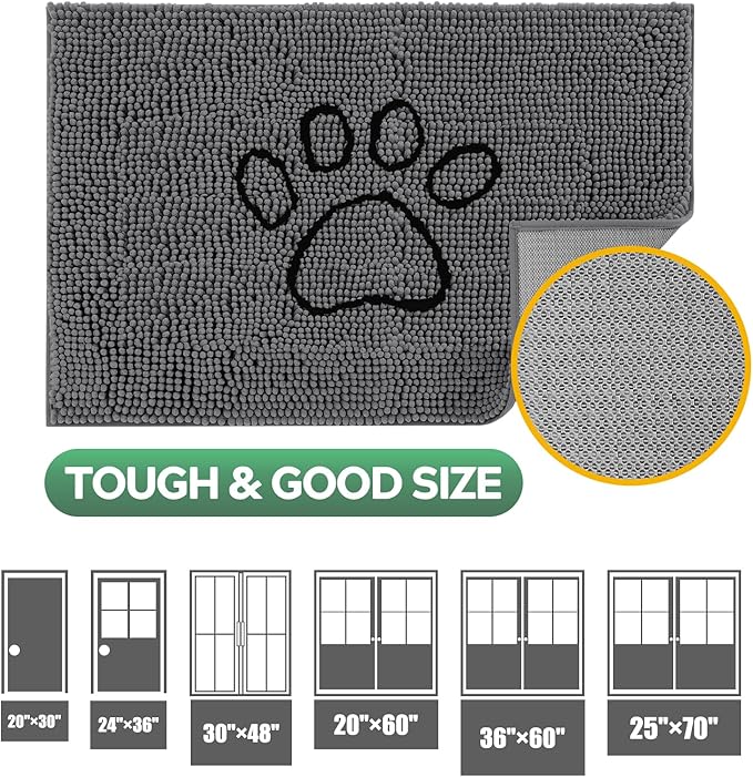 Dog Door Mat for Muddy Paws, Pet Rug Chenille Absorbent Outdoor Doormat 30"x 20", Non Slip Heavy Indoor Doormat Soft Front Inside Doormats for Entryway, Mud Paws, Patio,Dog Paw Black Grey