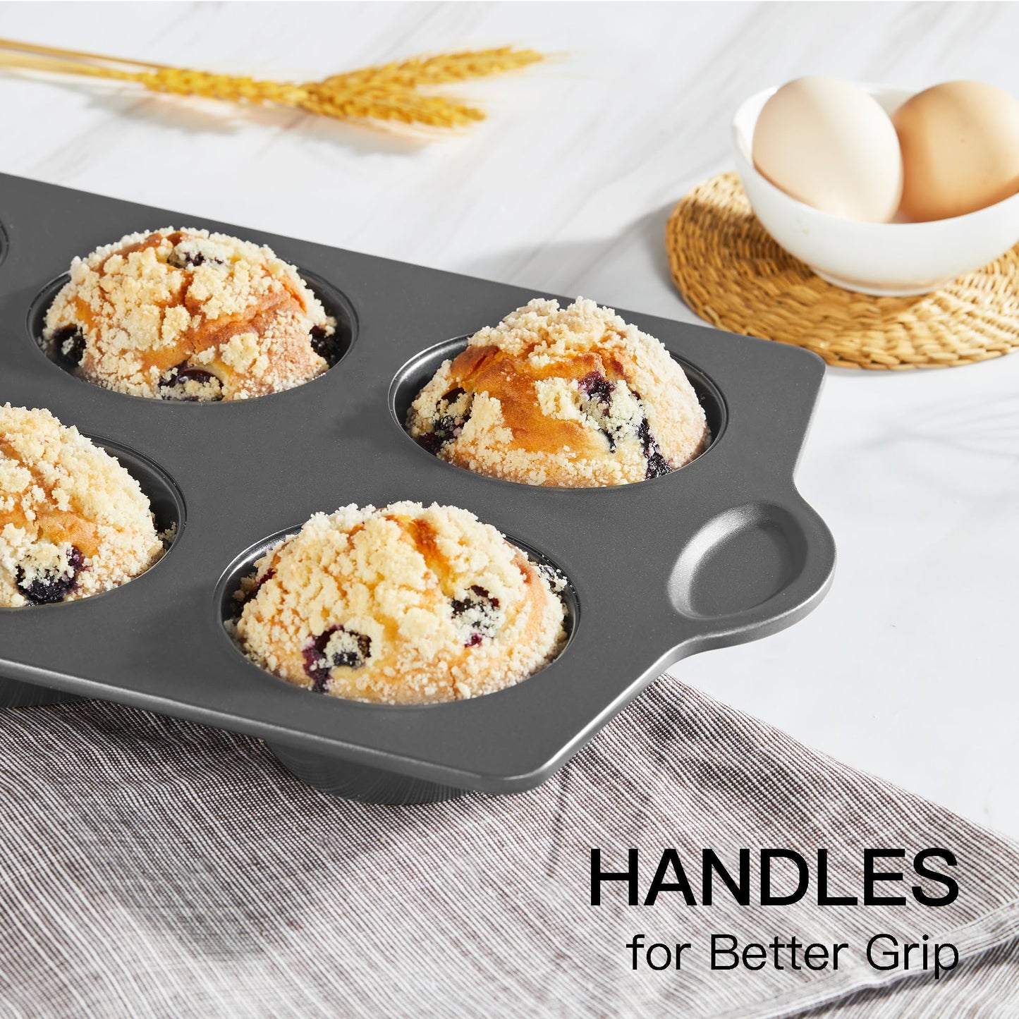 HONGBAKE Nonstick Jumbo Muffin Pan, 2 Pack Large Cupcake Tin for Baking, Cup Cake Tray, 3.5dia, 6 Cup, Premium, Extra Thick, Dishwasher Safe