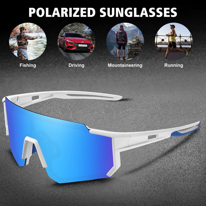 STORYCOAST Polarized Sports Sunglasses for Men Women,Driving Fishing Cycling Mountain Bike Sunglasses UV400 Protection White Frame-Ice Blue Mirror Lens