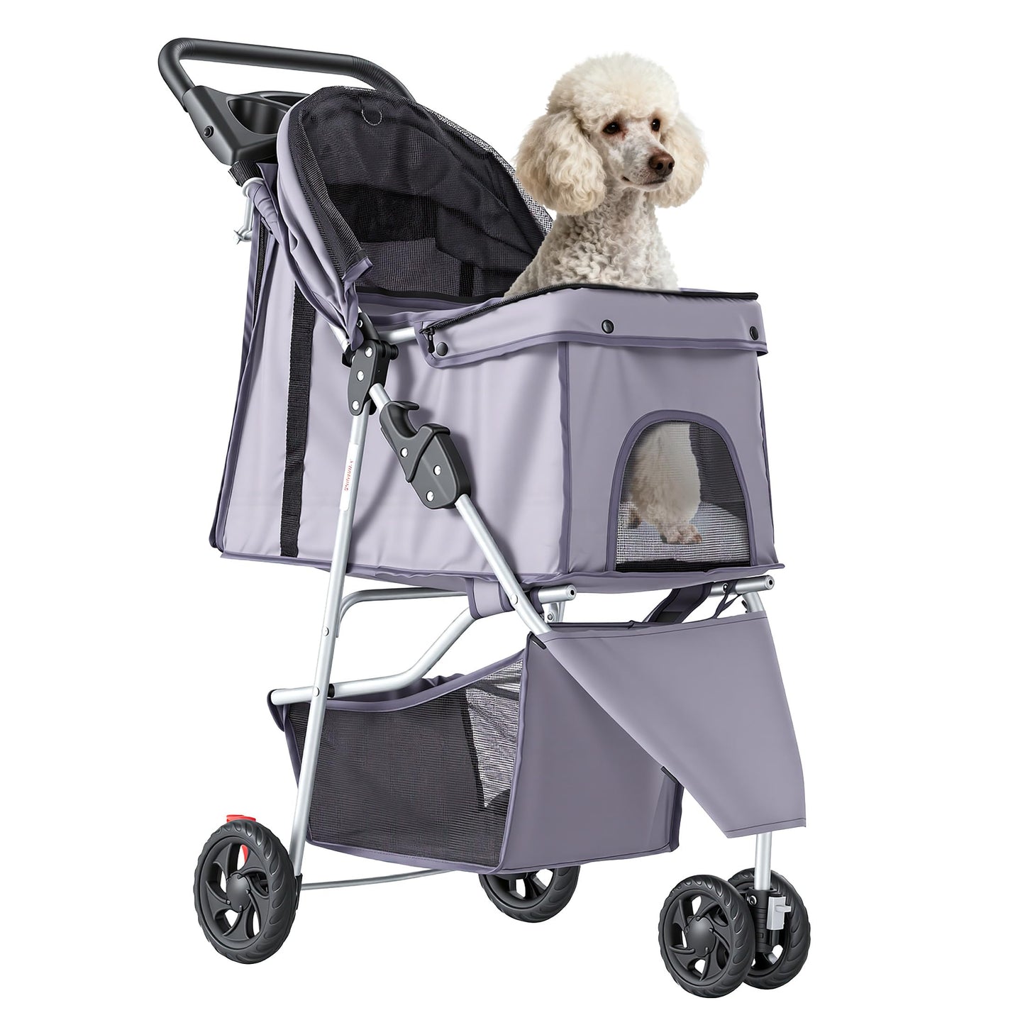 NEWBULIG 3 Wheel Pet Stroller for Dogs and Cats, Foldable, Lightweight and Durable, Ideal for Small to Medium Pets, Includes Storage Basket and Cup Holders