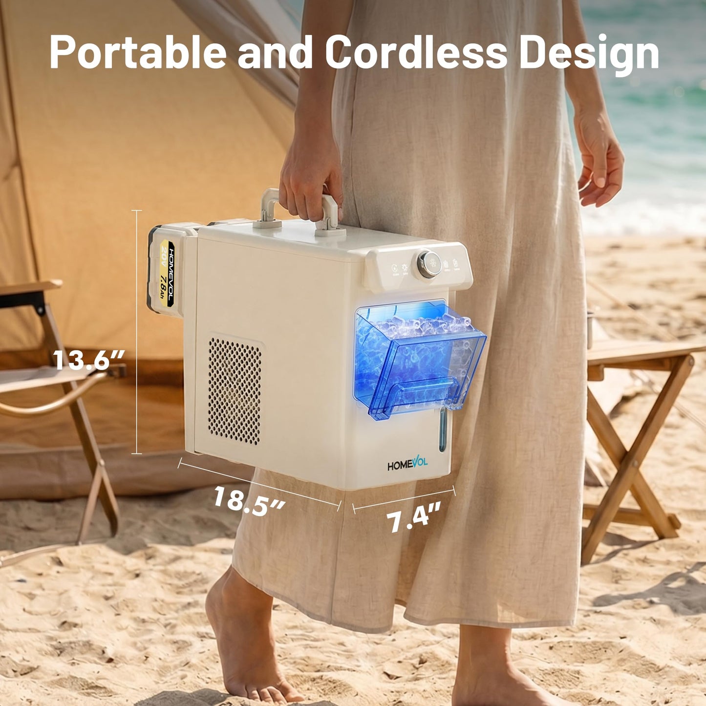 Cordless Portable Ice Maker, Battery Powered Ice Machine with Scoop, 2 × 20V Max 7.8Ah Rechargeable Batteries, Charger, Self-Cleaning, for Home, Kitchen, Camping, RV