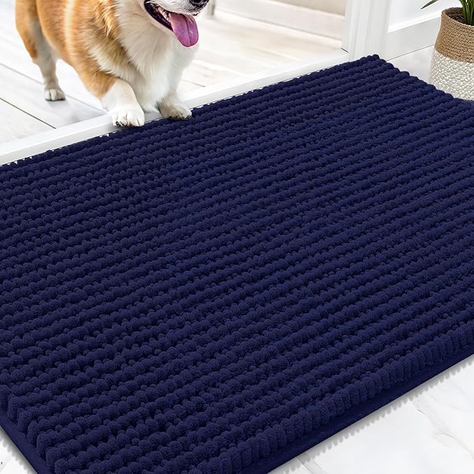 OLANLY Dog Door Mat for Muddy Paws 30x20, Ultra Absorbent Chenille Mud Doormat, Non-Slip Washable and Dirt Trapping Doormat for Indoor Entryway, Quick-Dry Indoor Pet Bed Mats for Dogs, Navy Blue
