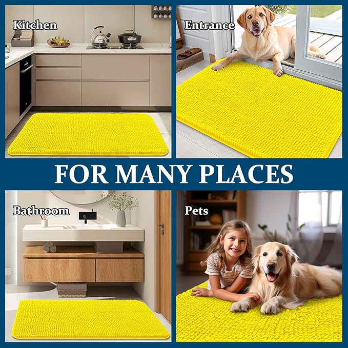 OLANLY Dog Door Mat for Muddy Paws 24x16, Absorbs Moisture and Dirt, Absorbent Non-Slip Washable Doormat, Quick Dry Chenille Mud Mat, Entry Indoor Entryway Carpet for Inside Floor, Lemon Yellow
