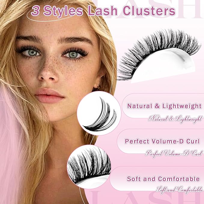 FADLASH Lash Clusters 40D 50D 60D Natural Wispy Eyelash Clusters 8-16mm D Curl Cluster Eyelash Extensions Soft Thin Band DIY at Home