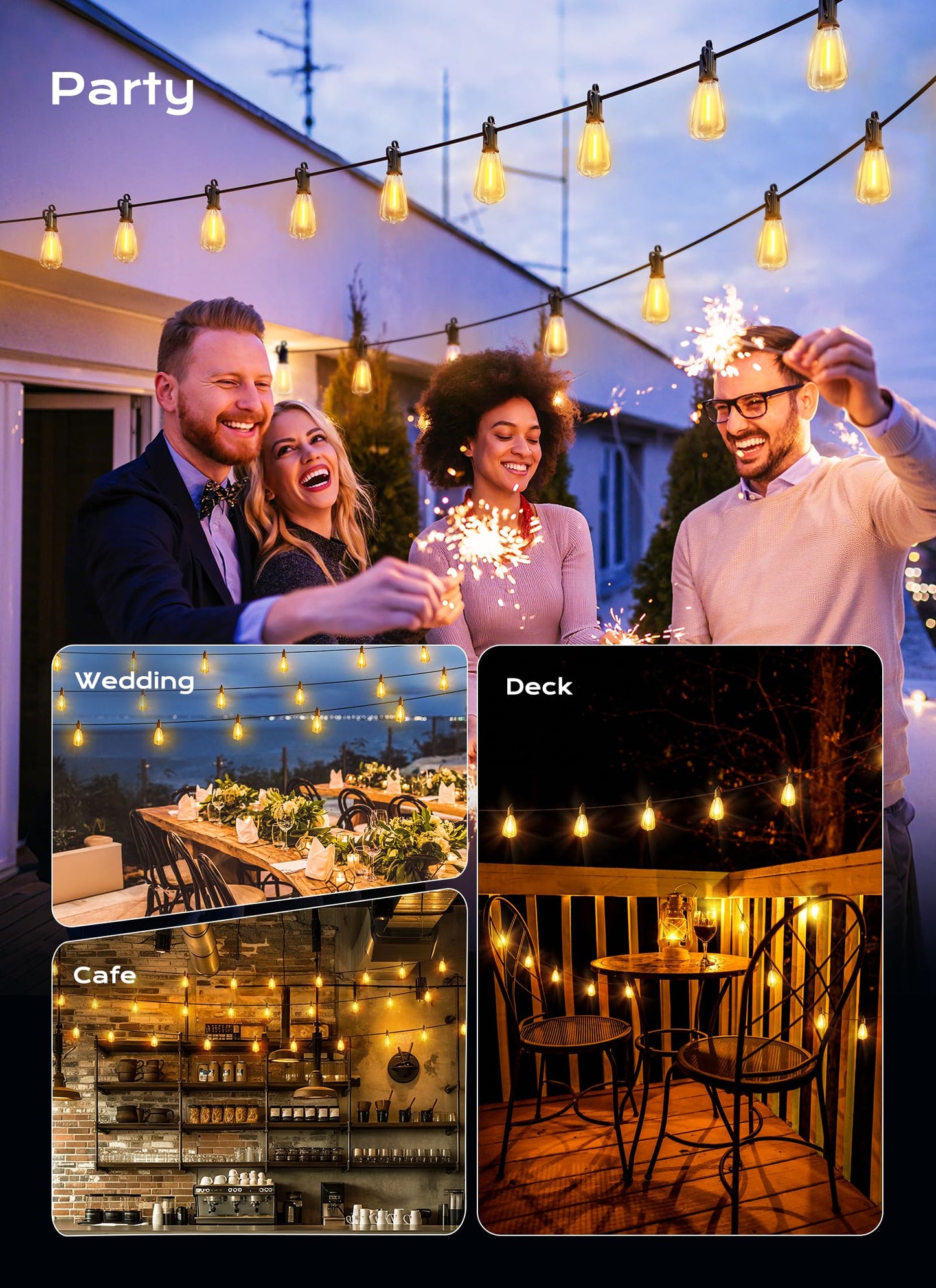 Outdoor-String-Lights-Patio-Lights, 100FT ST38 Shatterproof Dimmable Waterproof Connectable LED Christmas Lights, Hanging Outside Light for Backyard, Porch, Deck, Balcony, Garden, Home Decor