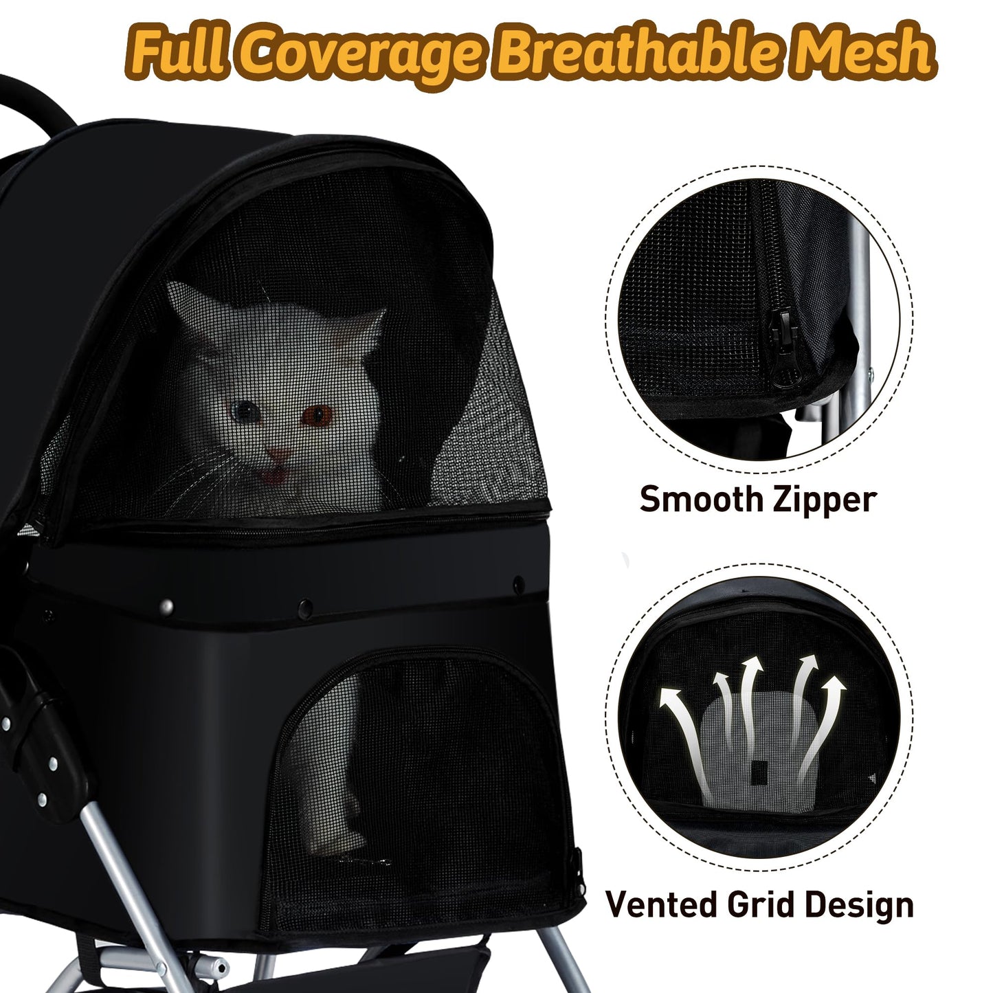 Azaeahom Pet Stroller, 4 Wheels Pet Strolling Cart for Medium/Small Dogs and Cats, Foldable Cat Jogger/Dog Stroller with Cup Holder, Storage Basket, Breathable Mesh, All-Season Pet Carrier, Black