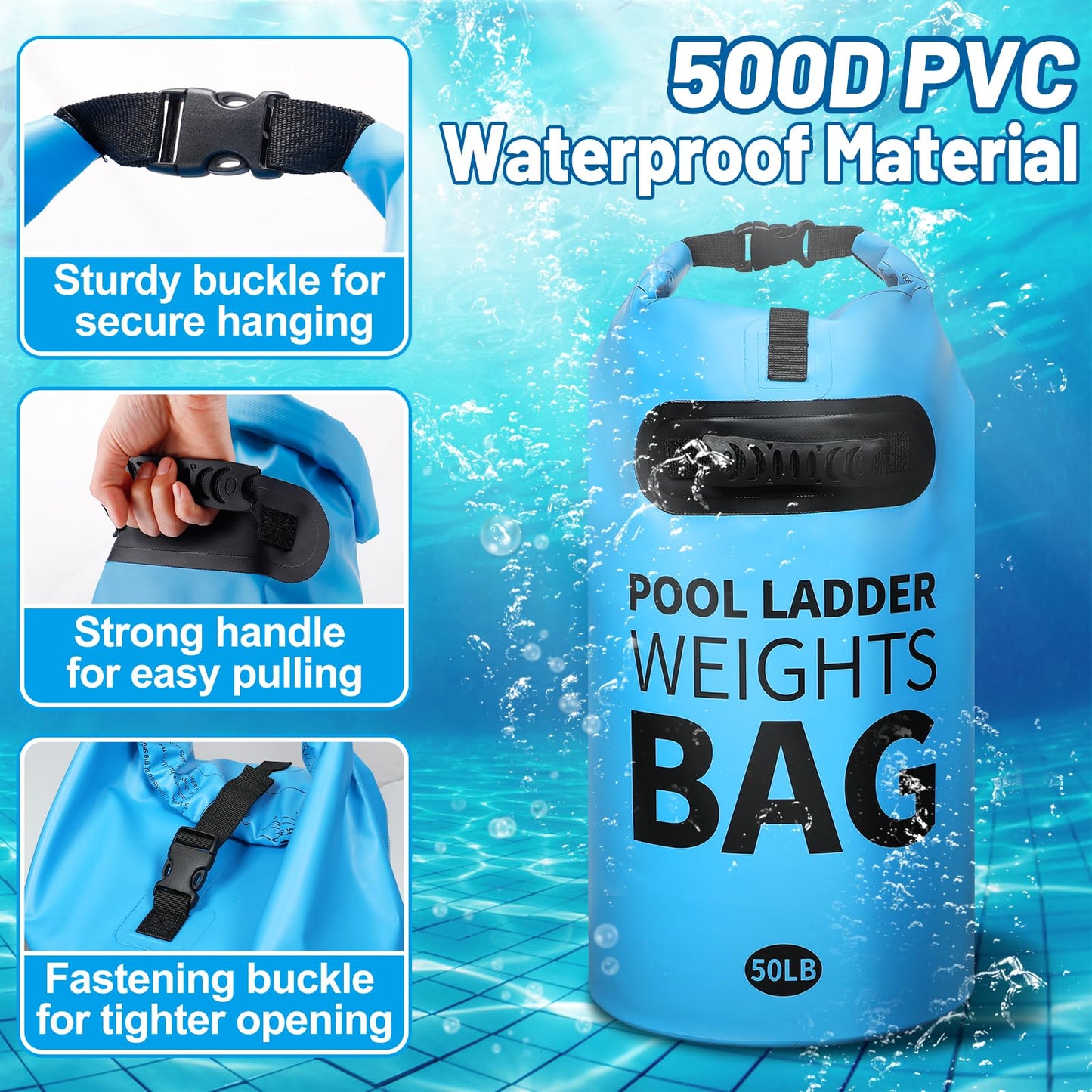 Heavy Duty Pool Ladder Weights - 50lbs Sand Fillable Universal Sand Bags Step Anchors, 500D PVC Waterproof Tear-Resistance Foldable Sandbags for Above Ground Swimming Pools Stair Entry Systems, 2 Pack