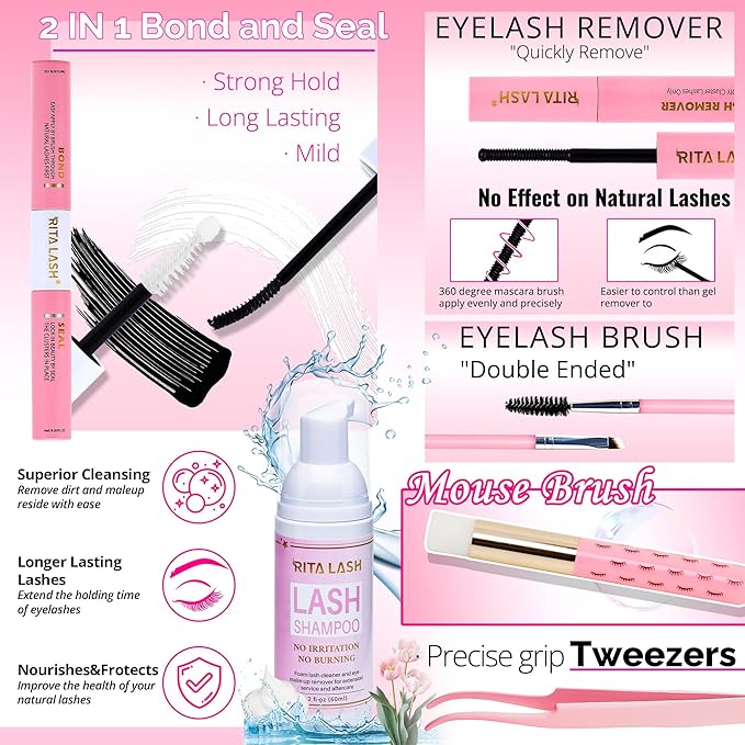 Lash Clusters Kit Bulk 3D Effect Eyelash Clusters Kit Cat Eye Lashes Cluster Eyelash Extensions Pack Colored Lashes Cluster PestaÃÂ±as Postizas Naturales+Bond&Seal,Remover,Tweezers,Cleanser(Lash Kit-7)