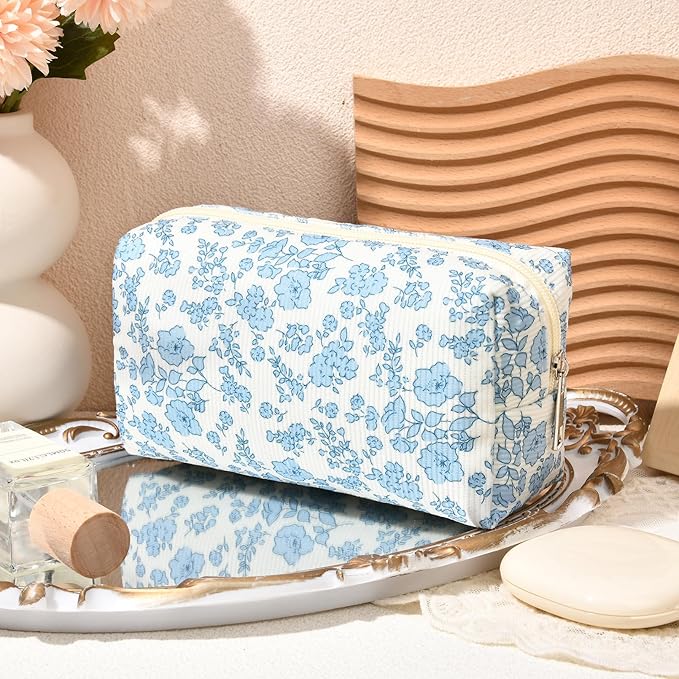 SOIDRAM 2 Pcs Makeup Bag Large Cosmetic Bag Toiletry Bag Makeup Pouch Travel Bag Organizer Cute Makeup Brushes Aesthetic Accessories Storage Bag for Women Blue Floral