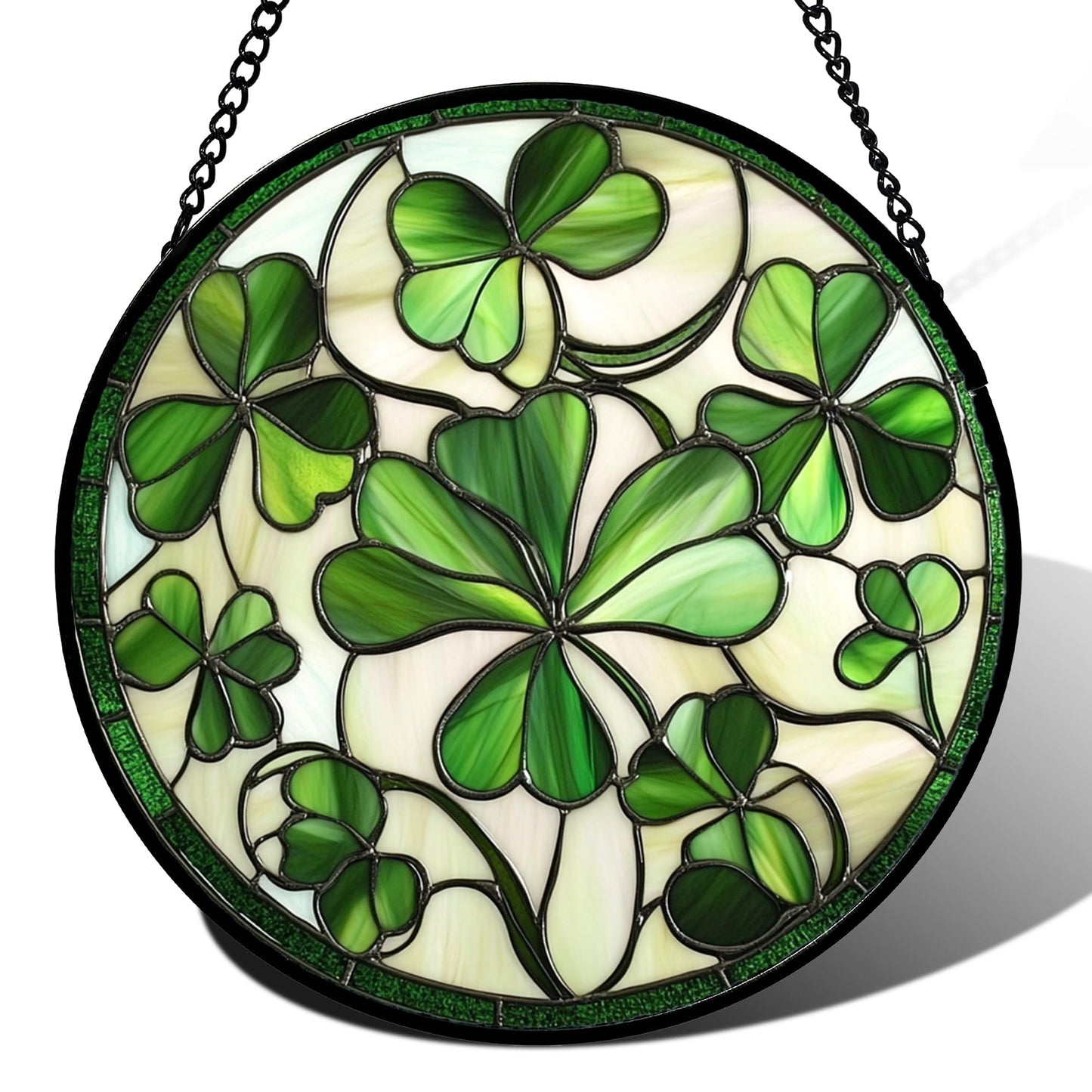 CRISGIF Stained Glass Window Hanging - Ireland Green Lucky Clover Suncatcher for Doors Garden St. Patrick's Day Sun Catchers Decor Mother's Day Birthday for Women Men Mom Nana 15 in
