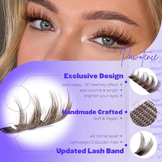 Pawotence Brown Lash Clusters Wispy Cluster Eyelash Extensions 10-18mm Individual Lashes DIY Cluster Lashes Extension Soft Brown Eyelash Clusters with Thin Band
