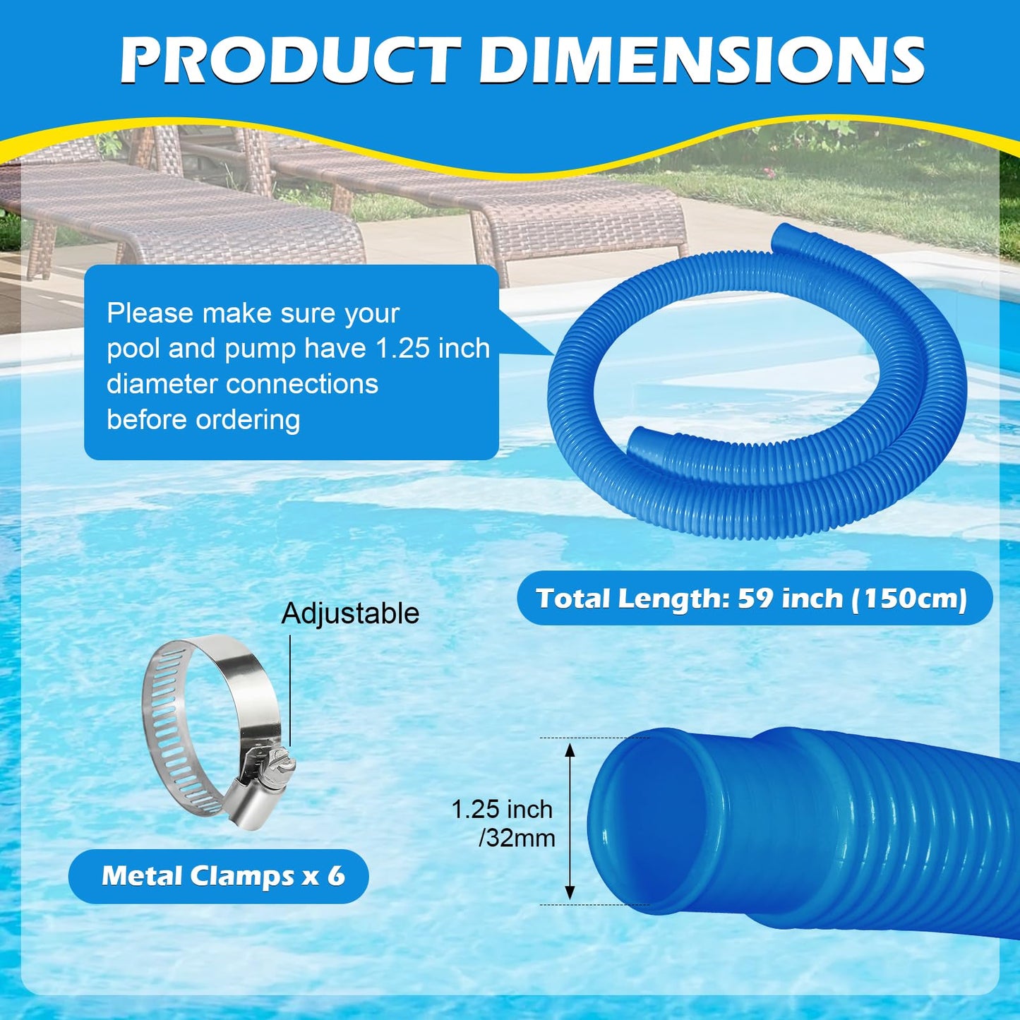 3 Pcs 1.25" Pool Hose, 59" Long Accessory Pool Pump Replacement Hoses, Compatible with All Above Ground Pool Filter Pumps that Use 1 1/4 Diameter Hoses
