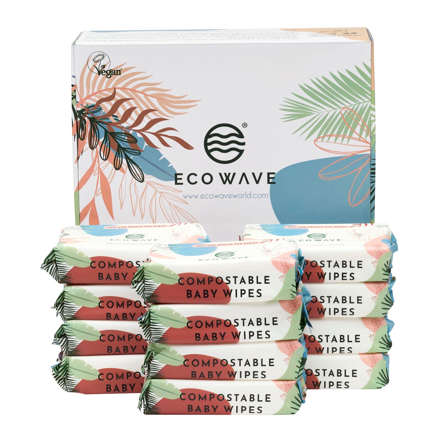 Eco Wave Baby Wipes, 100% Compostable Eco-Friendly Bamboo Wipes, Unscented, Hypoallergenic, Vegan, Alcohol-Free, Suitable For Sensitive Skin (Pack of 12)