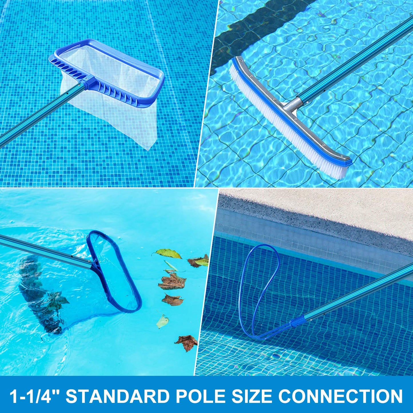 CKE Upgraded 12 Feet Thicken 1.3mm Blue Aluminum Telescoping Swimming Pool Pole,Adjustable 3 Piece Expandable Step-Up,Attach Connect Skimmer Nets,Rakes,Brushes,Vacuum Heads with Hoses, Universal 1.25"