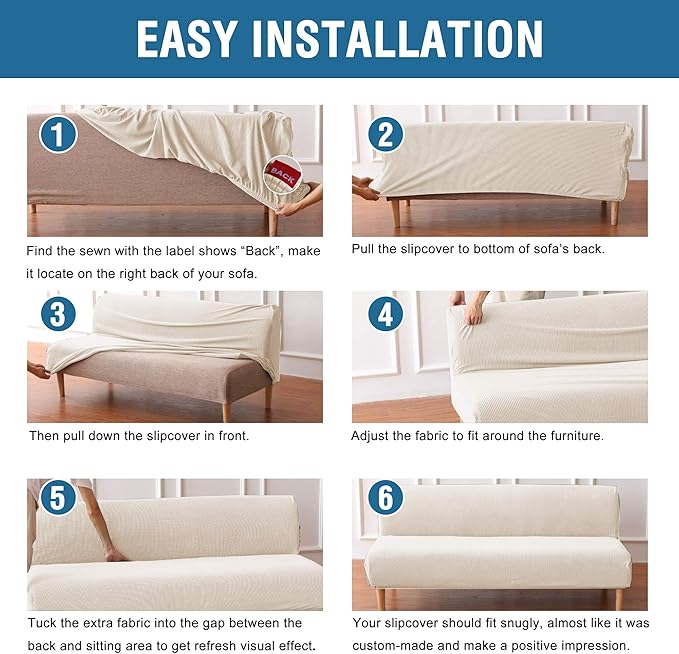 H.VERSAILTEX Armless Futon Cover Stretch Sofa Bed Slipcover Protector Elastic Feature Rich Textured High Spandex Small Checks Jacquard Fabric Futon Cover, Machine Washable, Natural