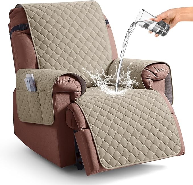 KinCam 100% Waterproof Recliner Chair Cover, Reclining Couch Covers for Pets, Dogs, Recliner Couch Slipcover Furniture Protector with Elastic Straps for Kids(30", Khaki)