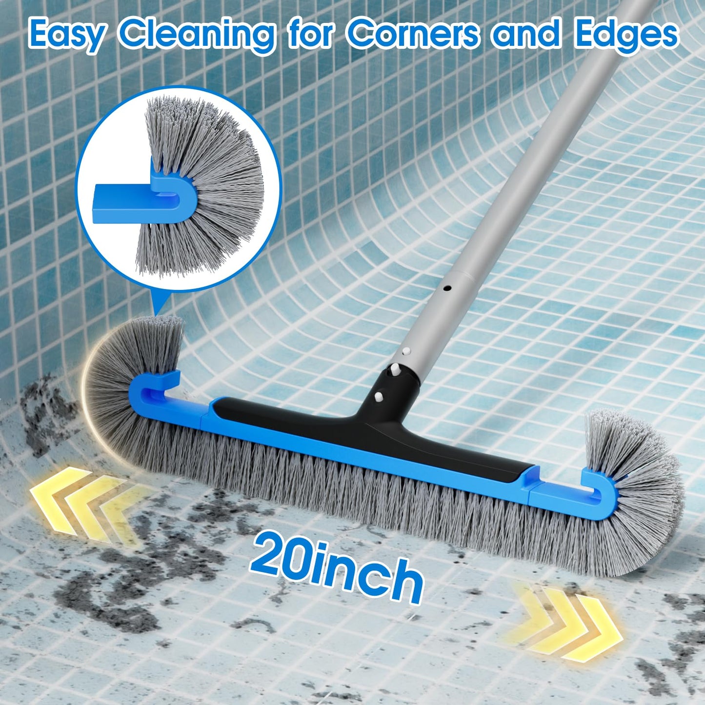 TidyMister 20'' Pool Brush Head for Cleaning Pool Walls, Curved Side Brush for Hard-to-Reach Corners, with Wavy Nylon Bristles, Fit with 1-1/4'' Standard Pole(not Included)