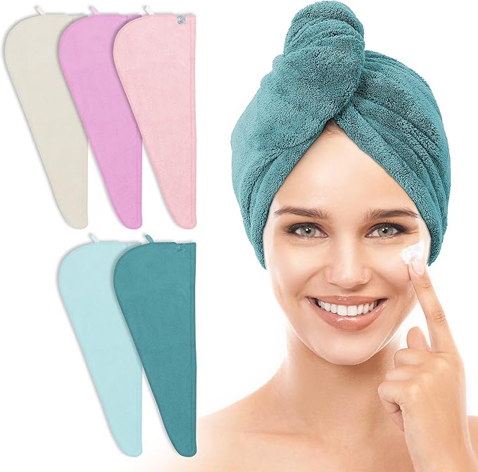 TENSTARS 5 Pack Thicken Microfiber Hair Towel Wrap for Women - Elastic Loop Design - 320GSM Coral Velvet - Quick Dry Hair Turban - 11x28 Inch (Pink+FrozenBerry+FrozenBlue+Teal+Cream)