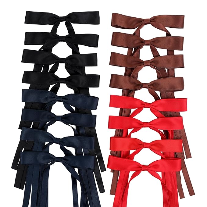 Hair Bows Clips Coquette Ribbon Bowknot with Long Tail Princess Hair Bows French Barrettes Hair Accessories for Women Girls 16PCS (Red, Brown, Dark Blue, Black)