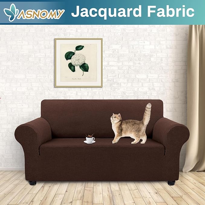 Asnomy Sofa Covers for 2 Cushion Couch Stretch loveseat Covers Slipcovers, Pet Protector Furniture Covers for Dogs Cats Spandex Jacquard Fabric Small Checks （Medium，Chocolate）