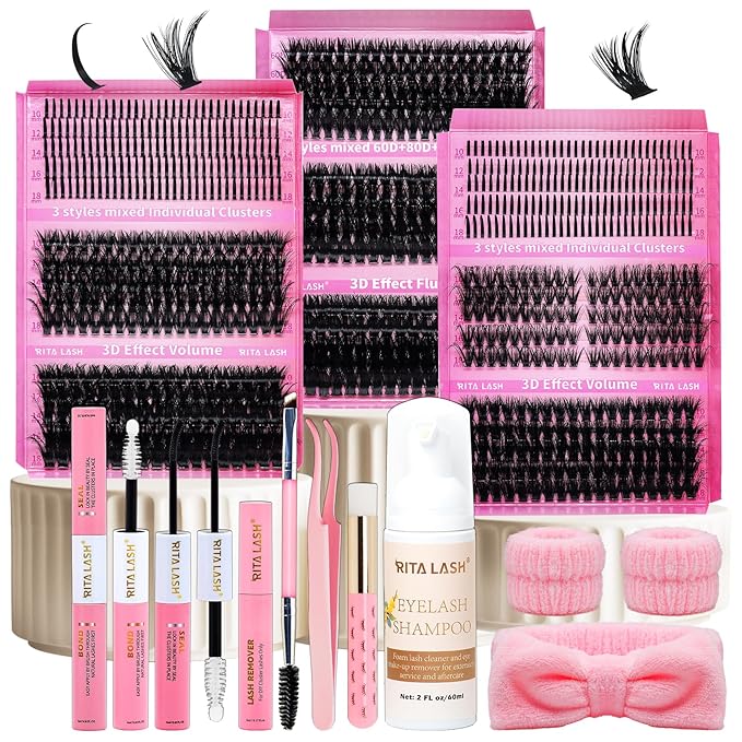 Lash Clusters Kit DIY Lash Extension Kit 3 Boxes Cluster Lashes 960Pcs Cluster Eyelash Extensions Wispy Eyelash Clusters with Lash Bond&Seal,Gift Packs for Beginners Bulk Pack(12 Counts Lash Kit-2)
