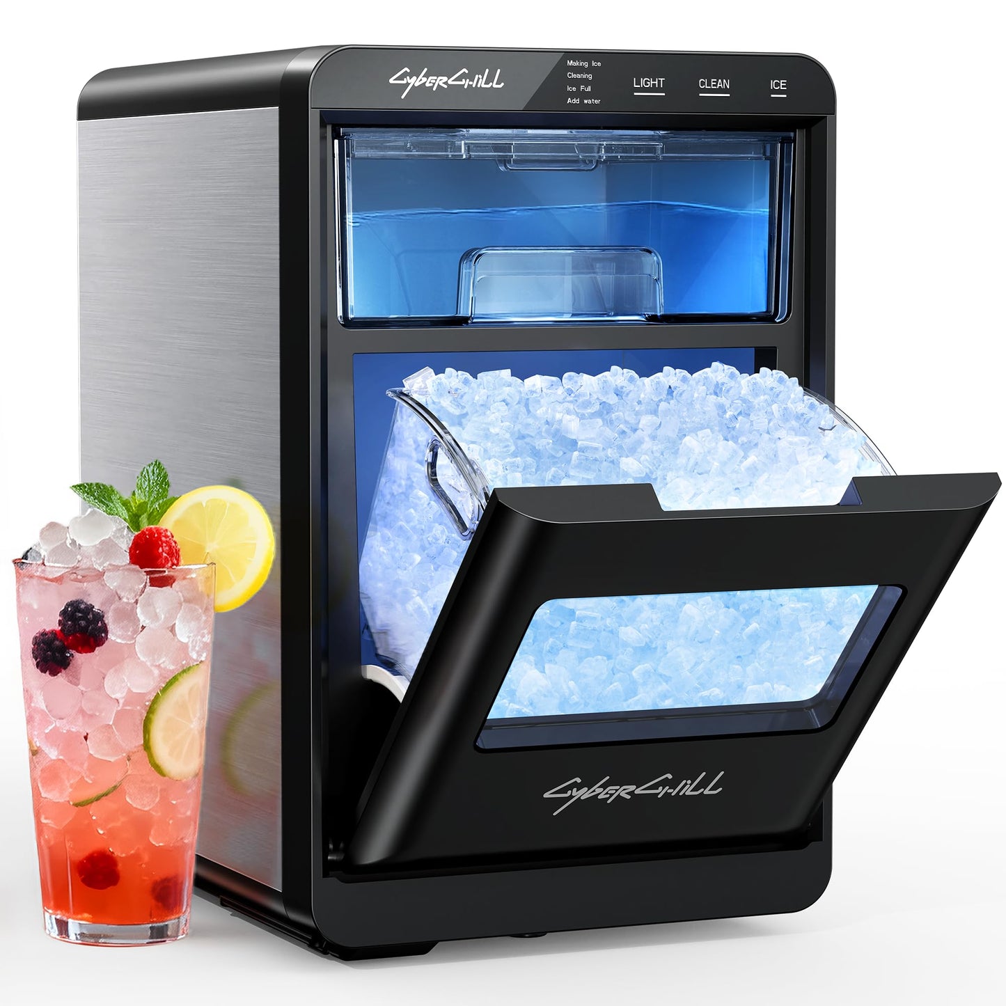 CyberChill Nugget Ice Maker Countertop 44lbs Per Day Pebble Sonic Ice Makers Machine Chewable Pellet Ice with Self-Cleaning Removable Water Tank See Through Window for Home/Kitchen/Office