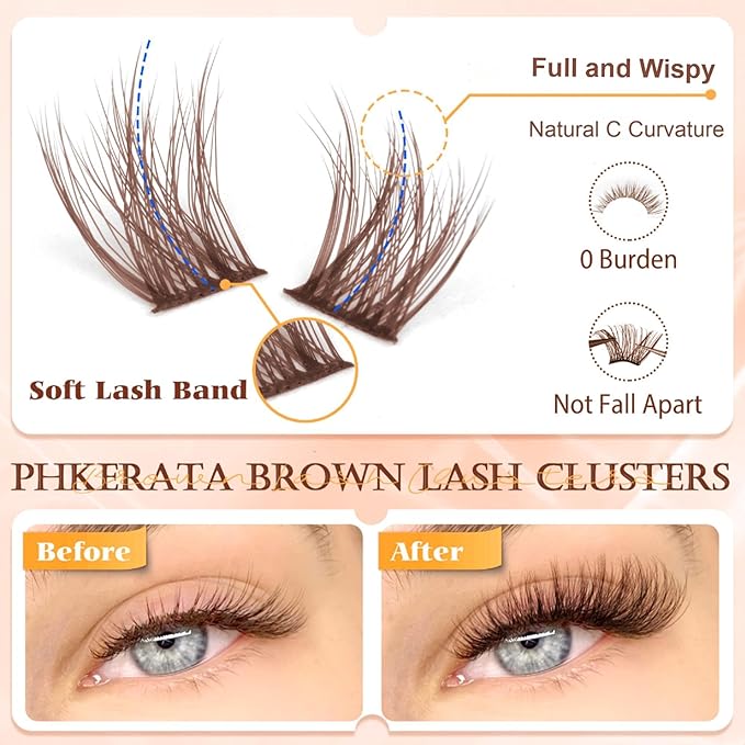 PHKERATA Brown Lash Clusters Wispy Brown Eyelash Clusters Wispy Lashes Clusters Natural C Curvature Cluster Eyelash Extensions 110 Pcs Individual Lashes DIY Cluster Lashes, 10-16 mm