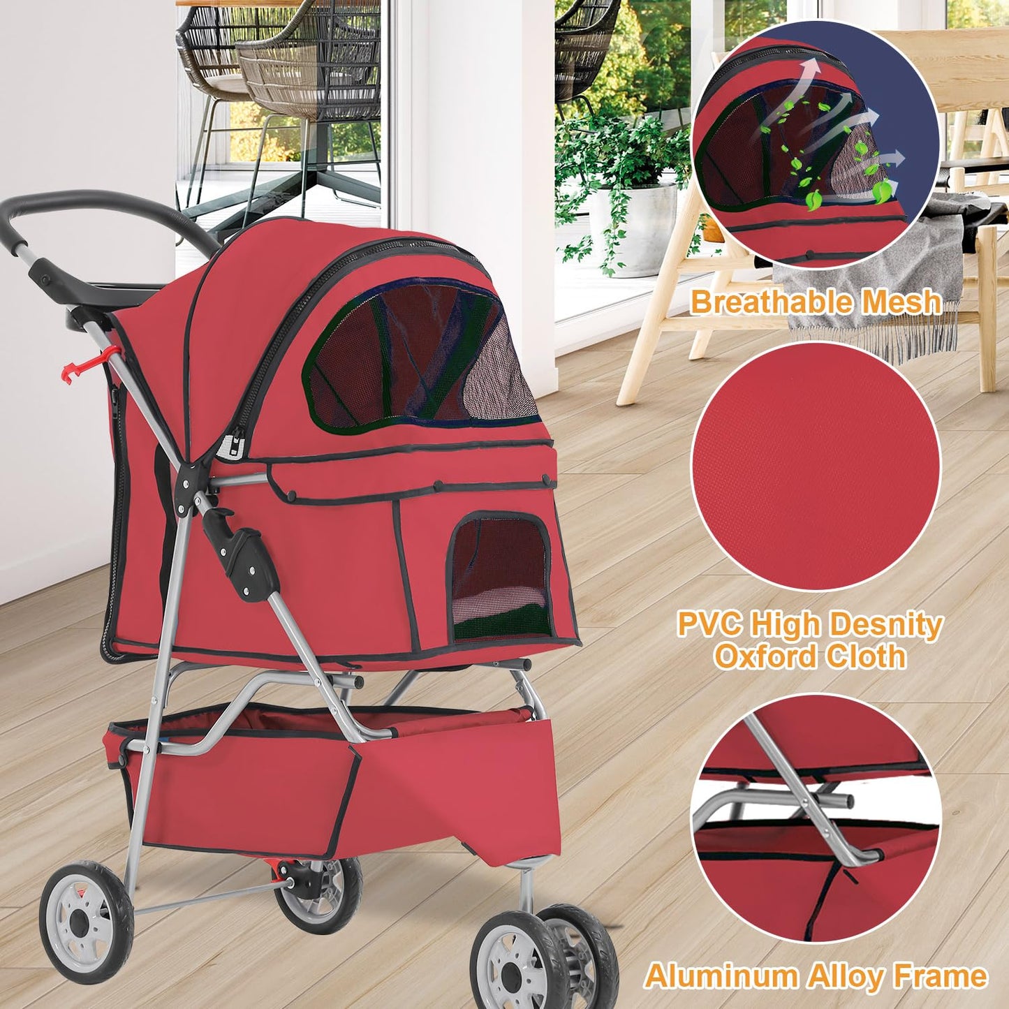 BestPet 3-Wheel Pet Stroller for Dogs & Cats - Folding Travel Carrier with Cup Holder & Removable Liner, Red