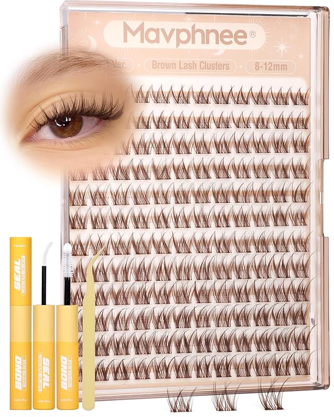 Brown Lash Clusters Kit 8-12MM Natural Cluster Eyelash Extensions Kit Wispy Cluster Lashes Dark Brown Individual Lashes C Curve Eyelash Clusters Short 144Pcs PestaÃÂ±as Postizas MarrÃÂ³n