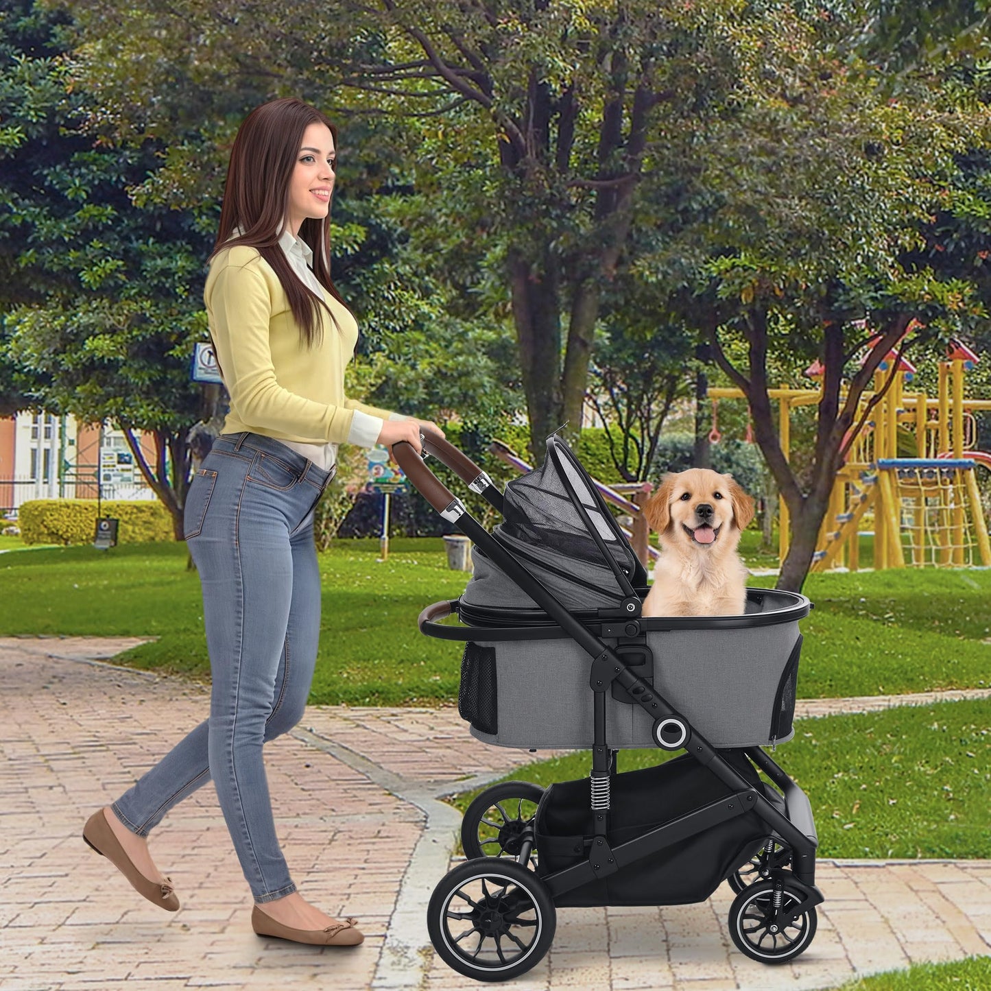 TODEFULL Pet Stroller with 4 Wheels, 3 in 1 Folding Puppy Strollers for Small/Medium Dogs Cats up to 50lbs, Lightweight Pet Travel Carrier with Detachable Cushion, Storage Basket and Cup Holder, Gray