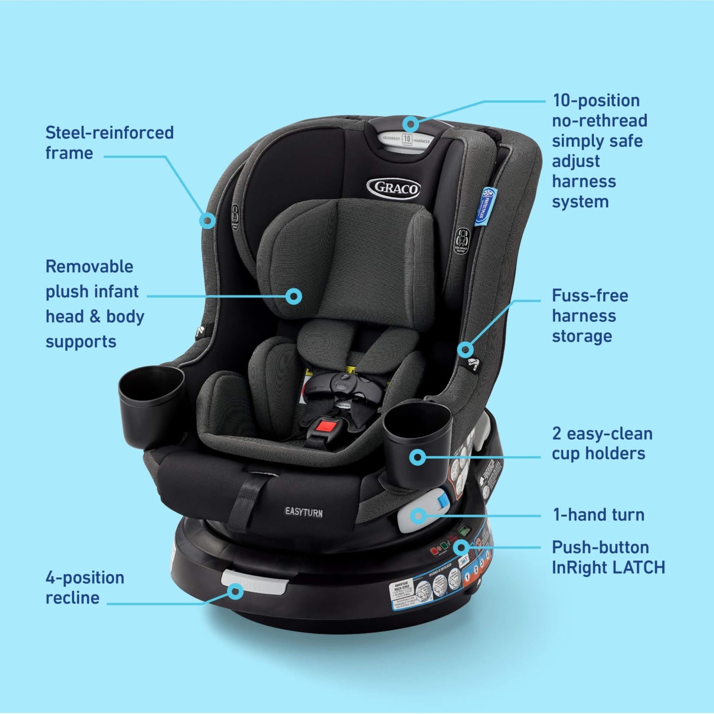 Graco EasyTurn 360 2-in-1 Rotating Convertible Car Seat, 360 Degree Rotating Infant to Toddler Rotating Car Seat, 2 Modes Rear and Forward Facing, Slim Design